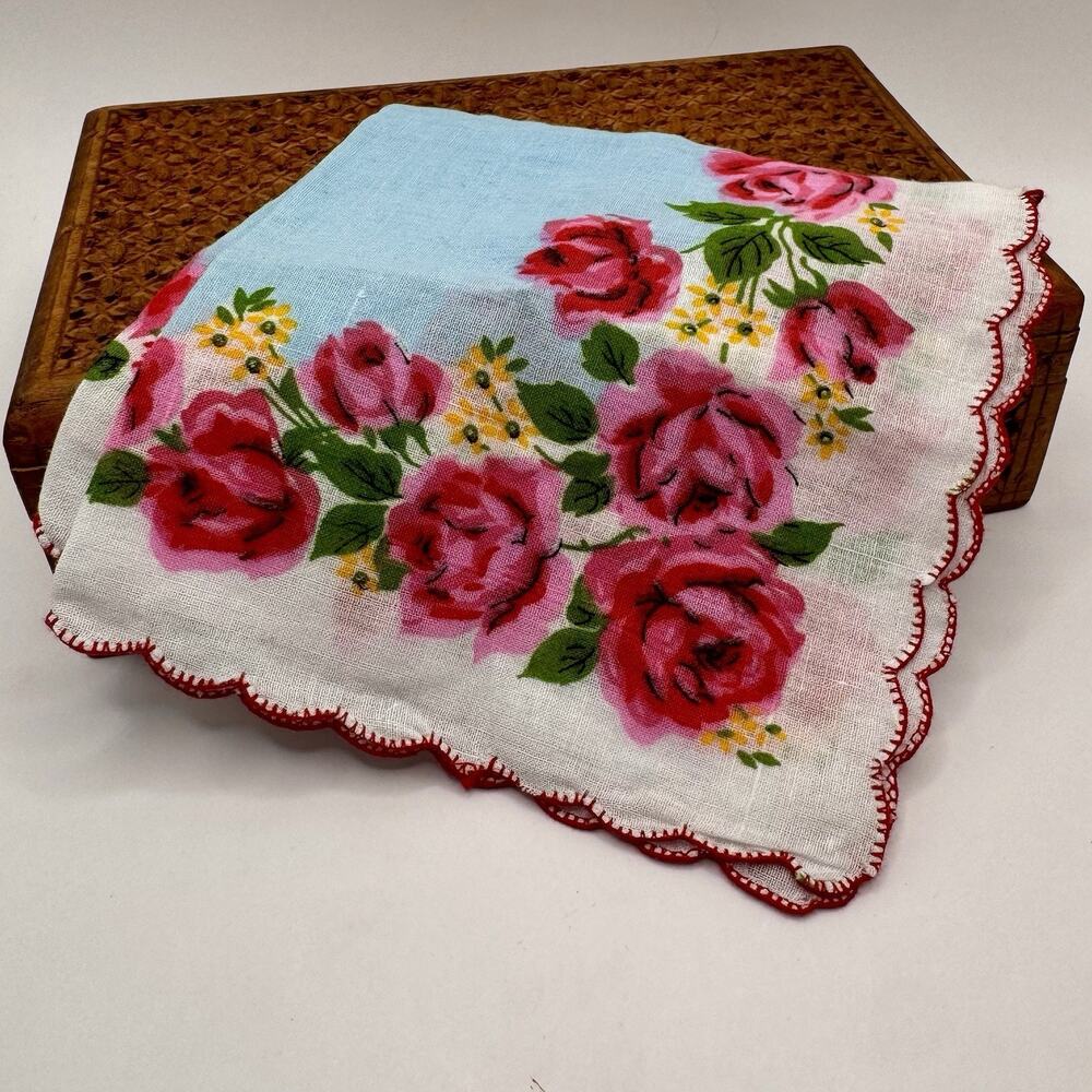 1940’s Vintage Rose Floral Handkerchief Pink Roses Blue Cotton Scalloped Hanky